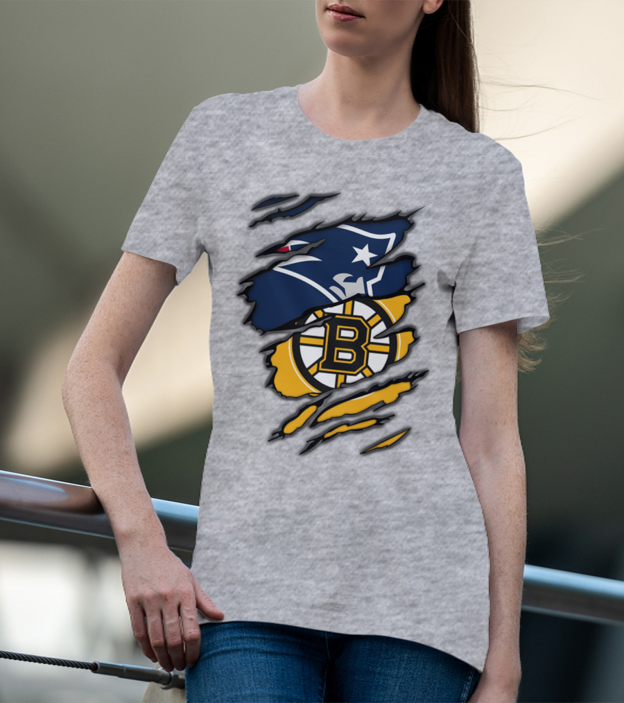 Patriots Bruins New England Football Boston Hockey Fan Collaboration T-Shirt