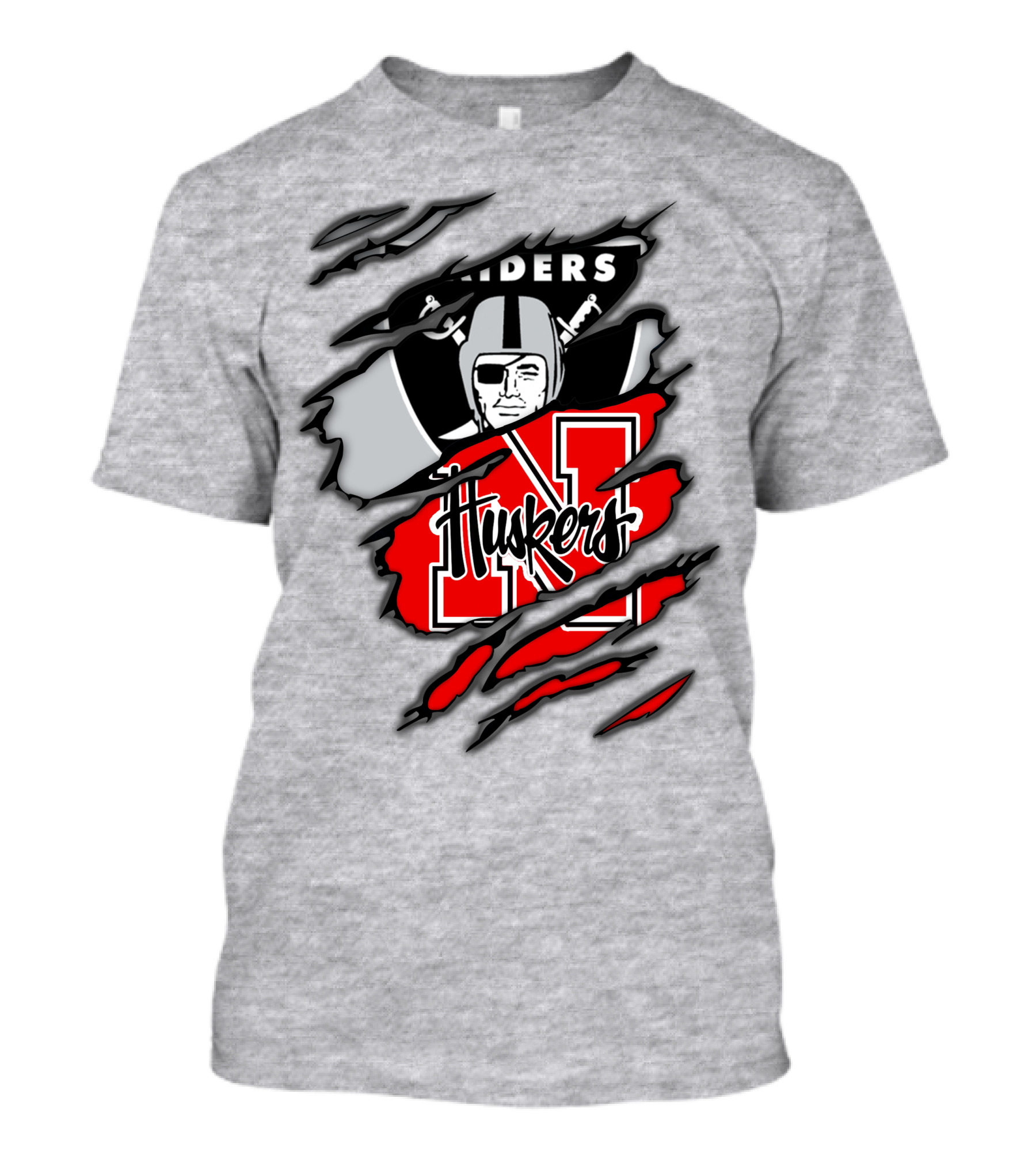 Raiders Huskers Torn Design With Icons And Symbols T-Shirt