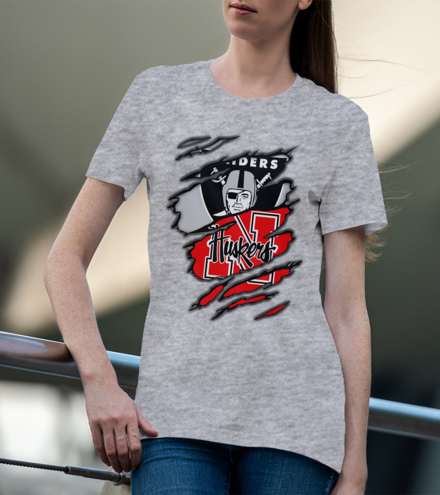 Raiders Huskers Torn Design With Icons And Symbols T-Shirt