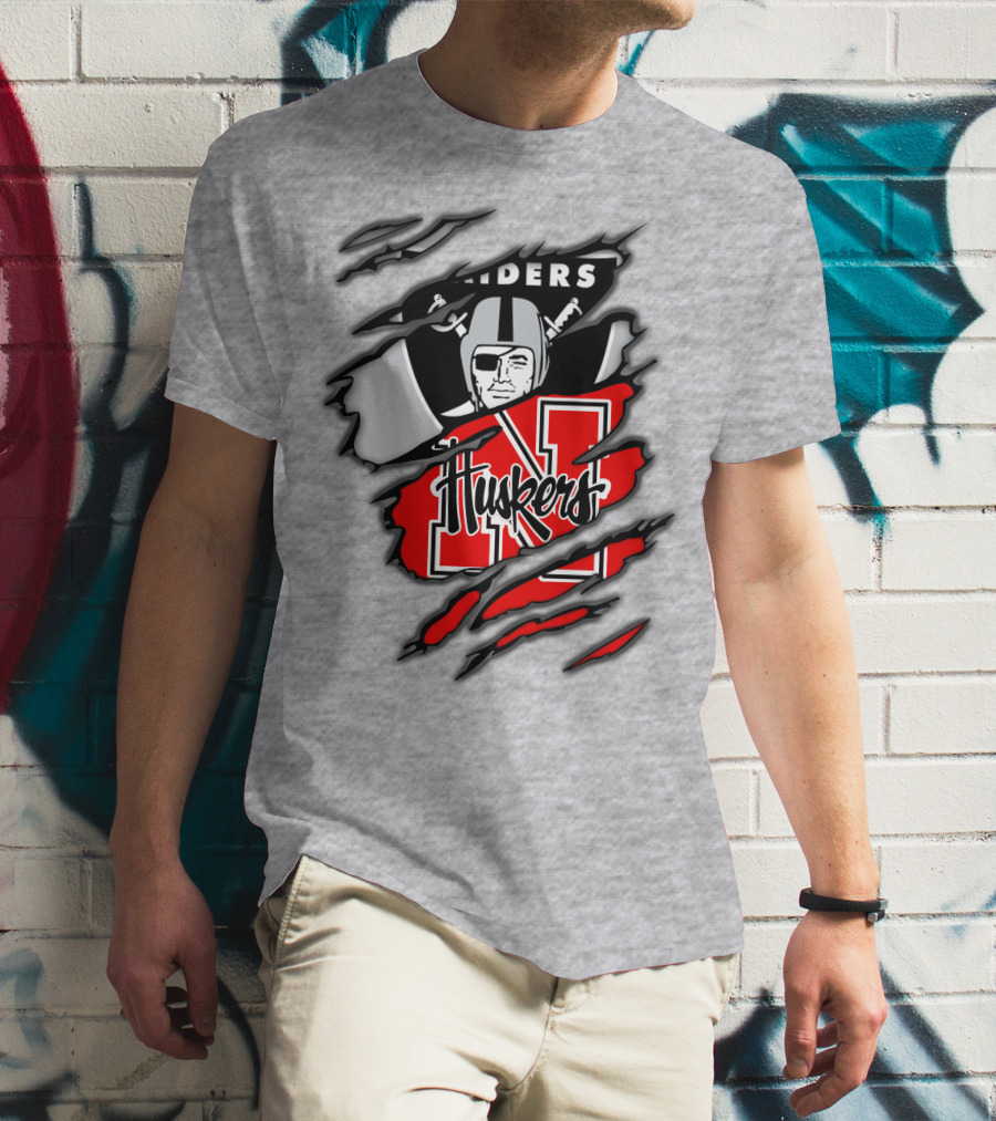 Raiders Huskers Torn Design With Icons And Symbols T-Shirt