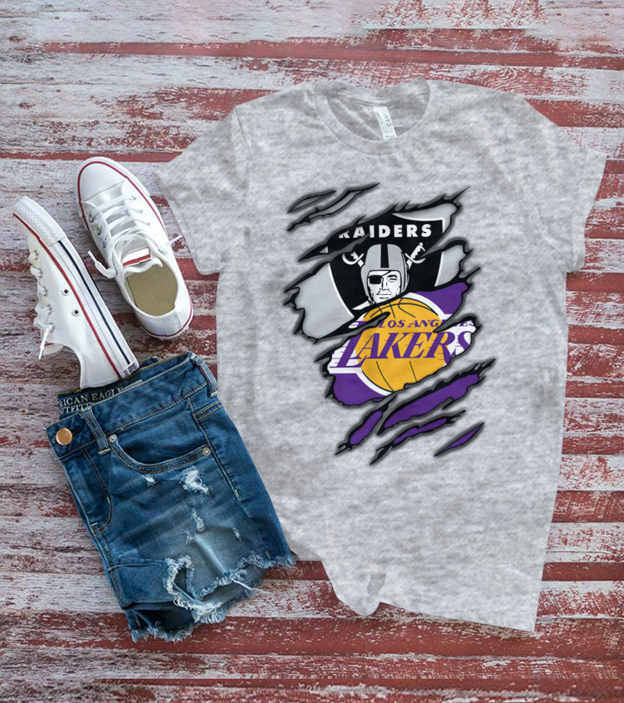 Raiders Los Angeles Lakers Basketball Football Fan Mashup T-Shirt