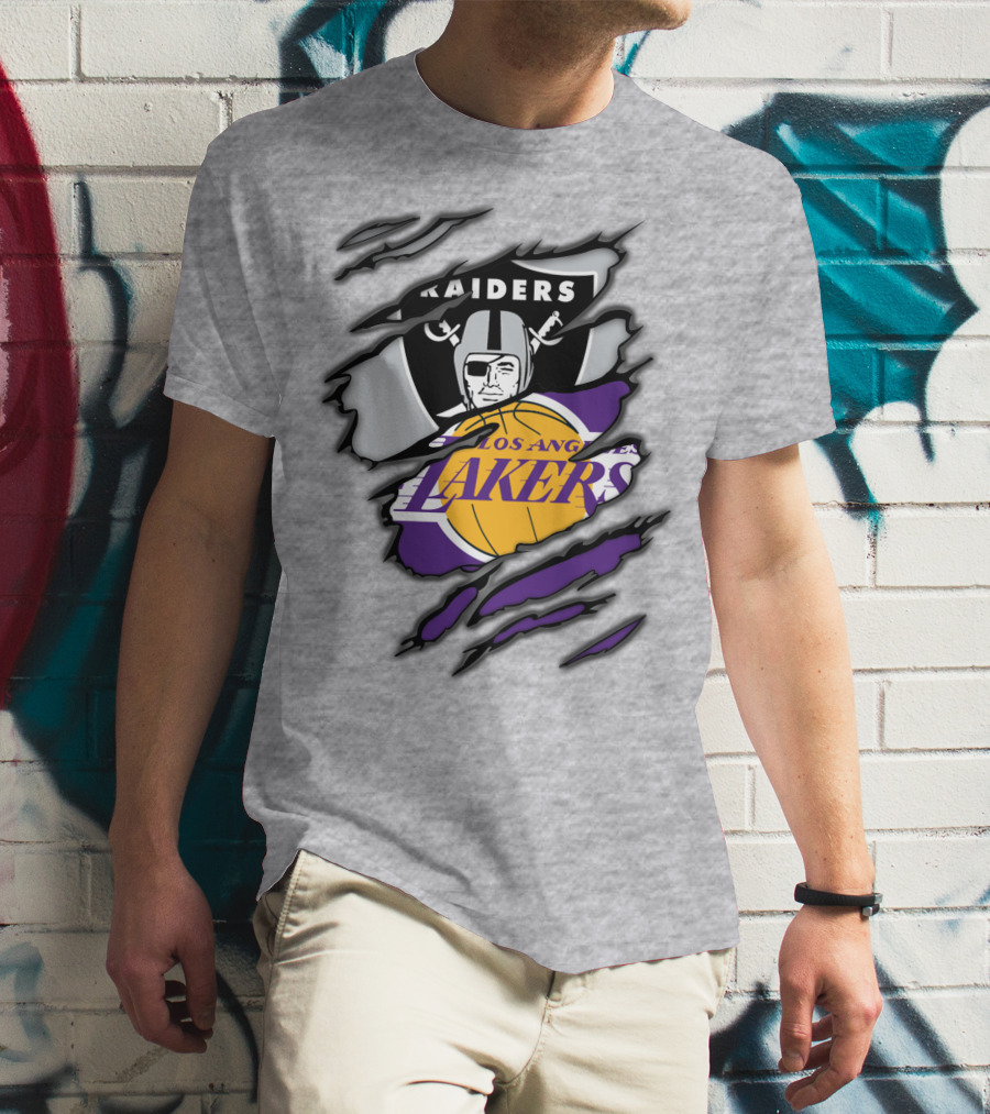 Raiders Los Angeles Lakers Basketball Football Fan Mashup T-Shirt