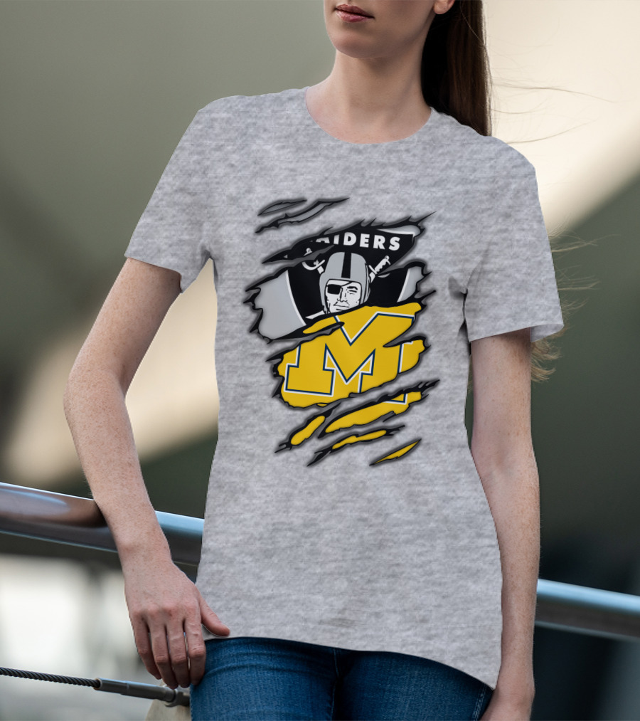 Raiders Logo With Michigan Block M Torn Overlay T-Shirt