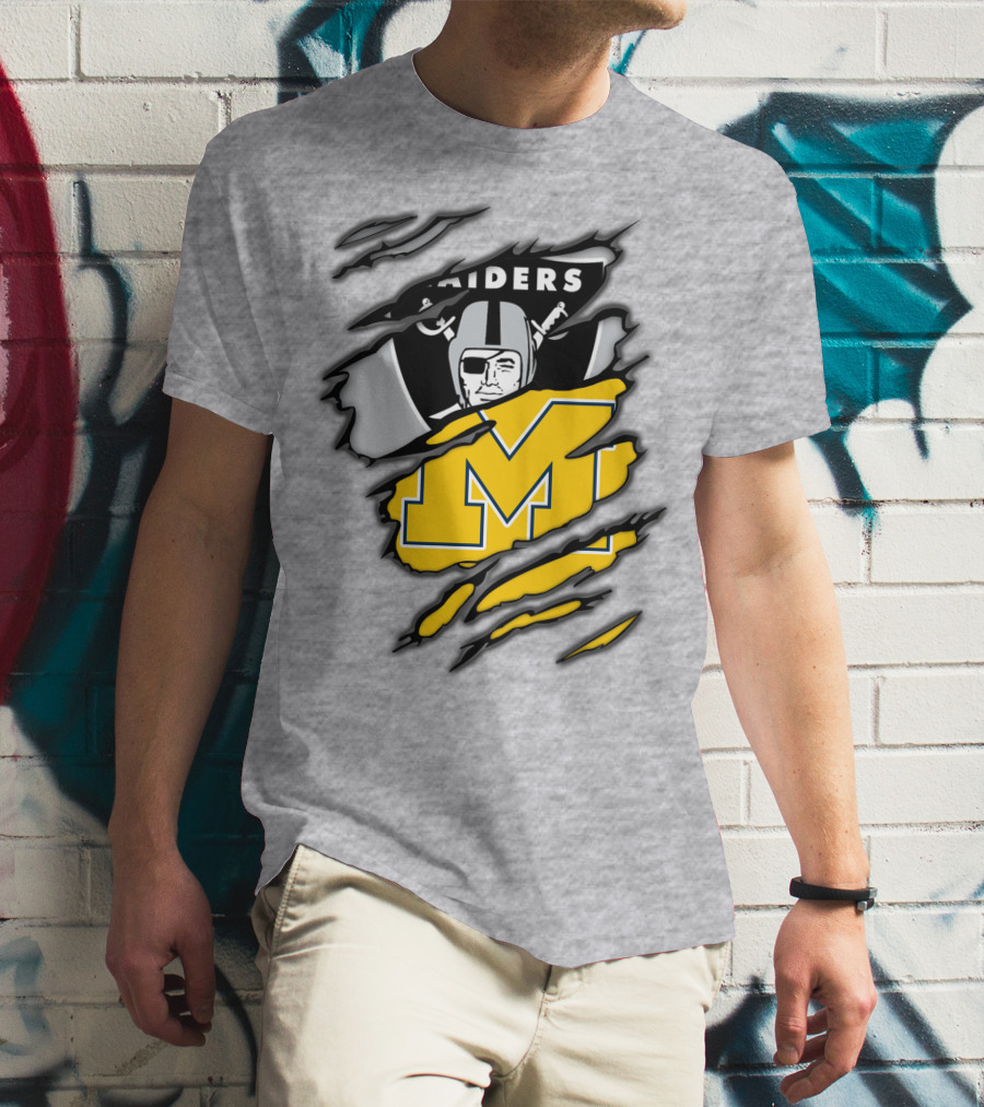Raiders Logo With Michigan Block M Torn Overlay T-Shirt