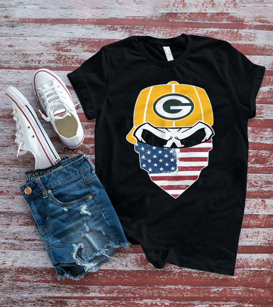 Packers Skull USA Flag Bandana Green Bay Packers Helmet T-Shirt