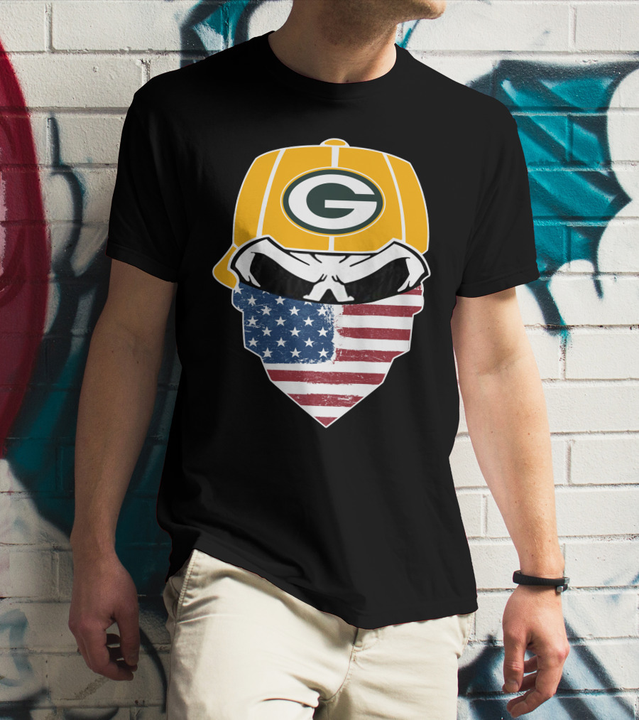 Packers Skull USA Flag Bandana Green Bay Packers Helmet T-Shirt
