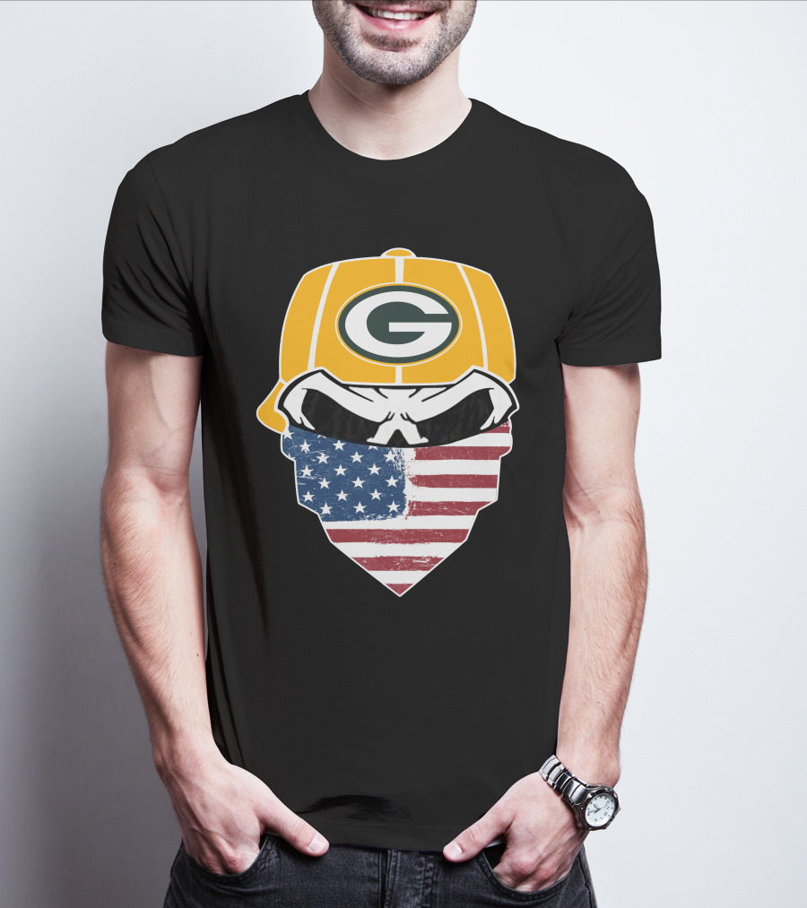 Packers Skull USA Flag Bandana Green Bay Packers Helmet T-Shirt