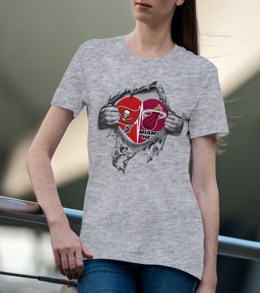 Tampa Bay Buccaneers Miami Heat Logos Heart Motif T-Shirt