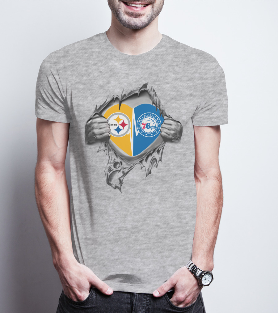 Steelers 76Ers Philadelphia Heart Logos Hidden Behind Rip Effect T-Shirt