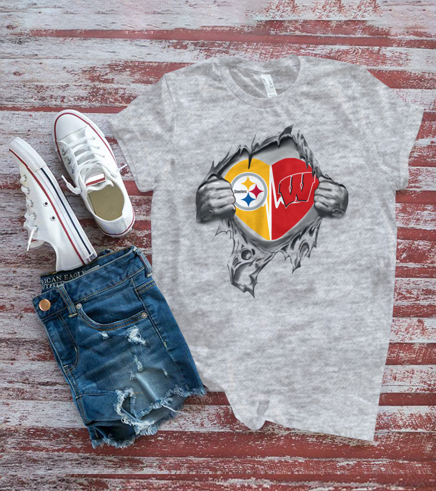 Steelers Badgers Heart With Logos In Torn T-Shirt