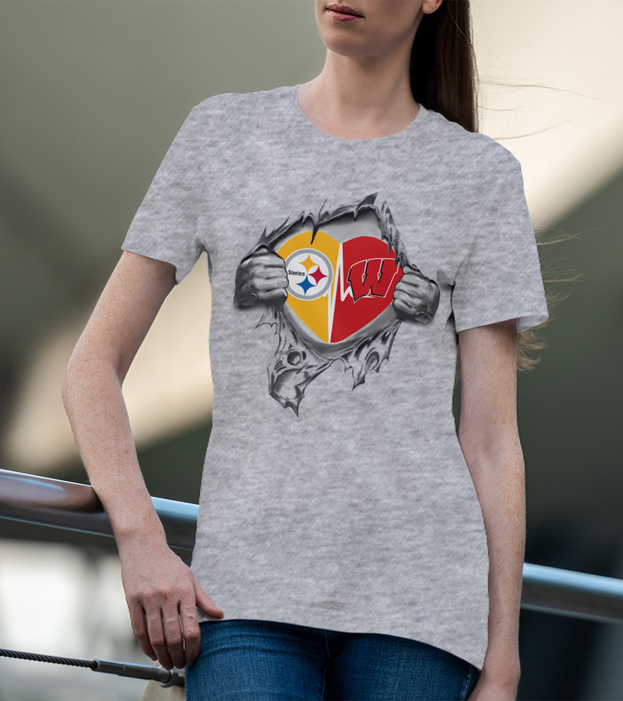 Steelers Badgers Heart With Logos In Torn T-Shirt