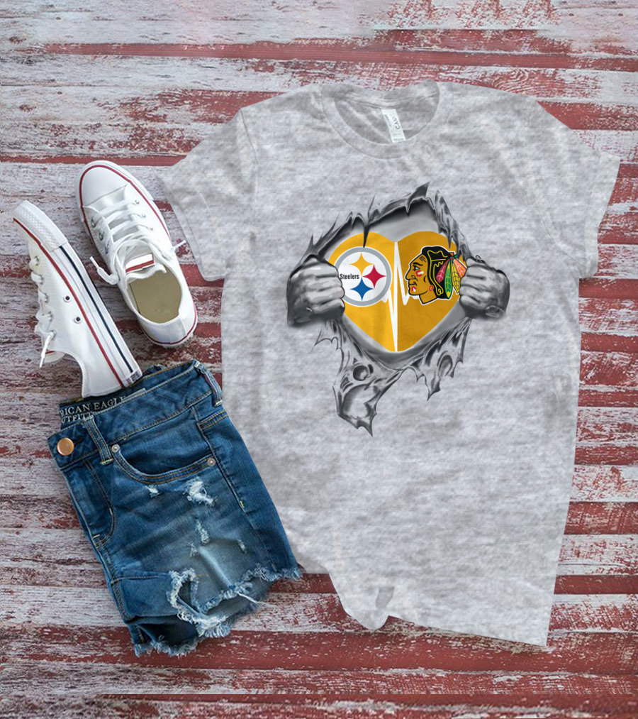 Steelers Blackhawks Heart Logos Torn T-Shirt