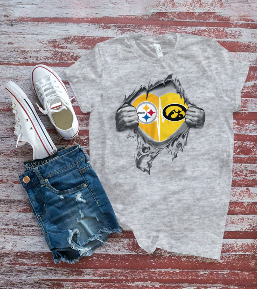 Steelers Hawkeyes Heartbeat Inside Layered Heart T-Shirt