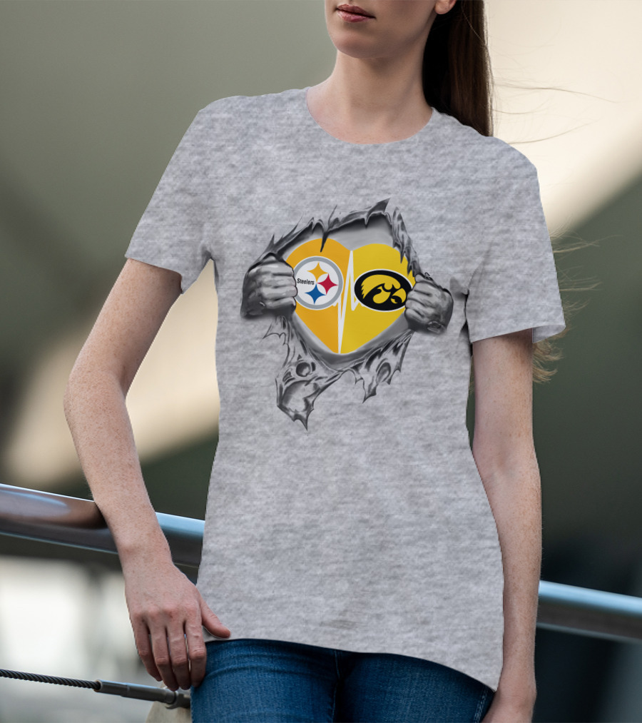 Steelers Hawkeyes Heartbeat Inside Layered Heart T-Shirt