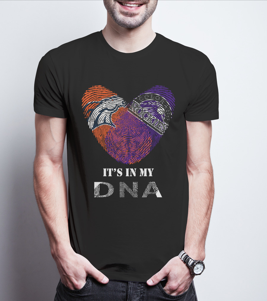 Broncos Rockies It's In My DNA Football Baseball Heart Fingerprint T-Shirt