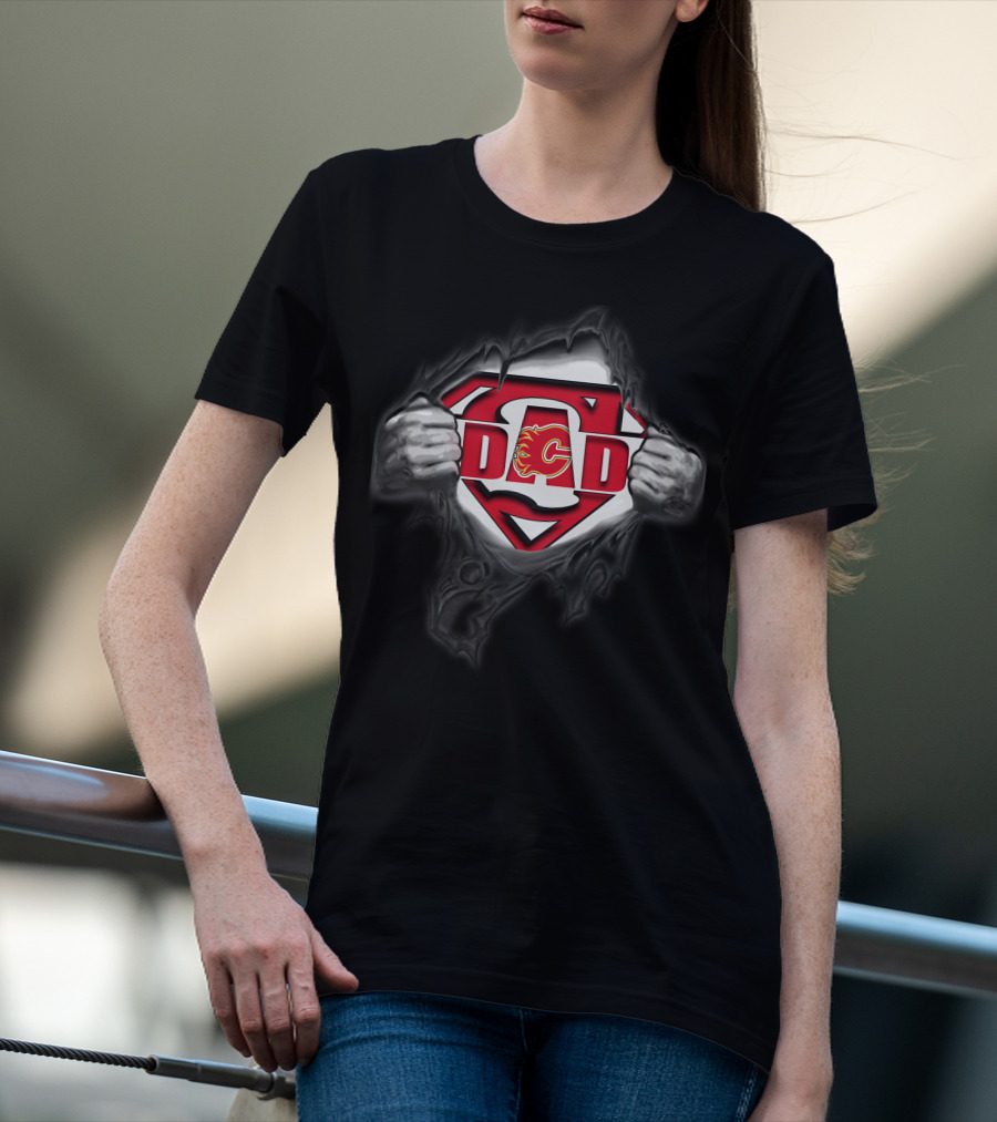 Calgary Flames Dad Superhero Logo Tear T-Shirt