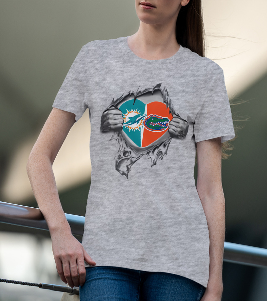 Miami Dolphins Florida Gators Heart Tear T-Shirt