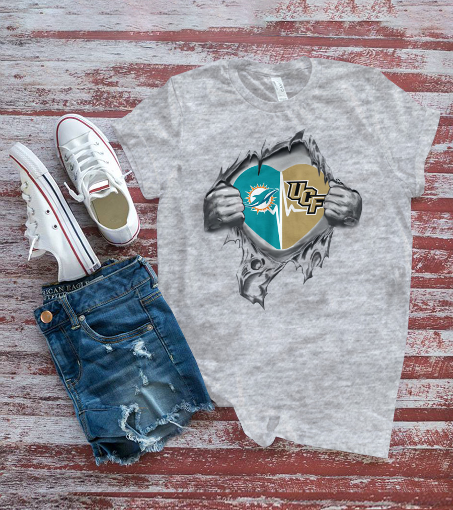Miami Dolphins UCF Combination Heart Logos Symbolic Unity T-Shirt