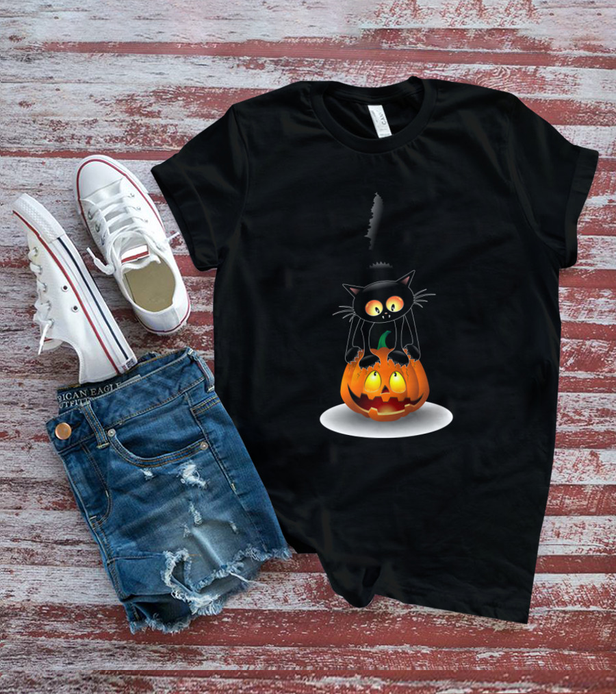 Disney Mickey Mouse Halloween Pumpkin Head With Black Cat Jack O'lantern T-Shirt