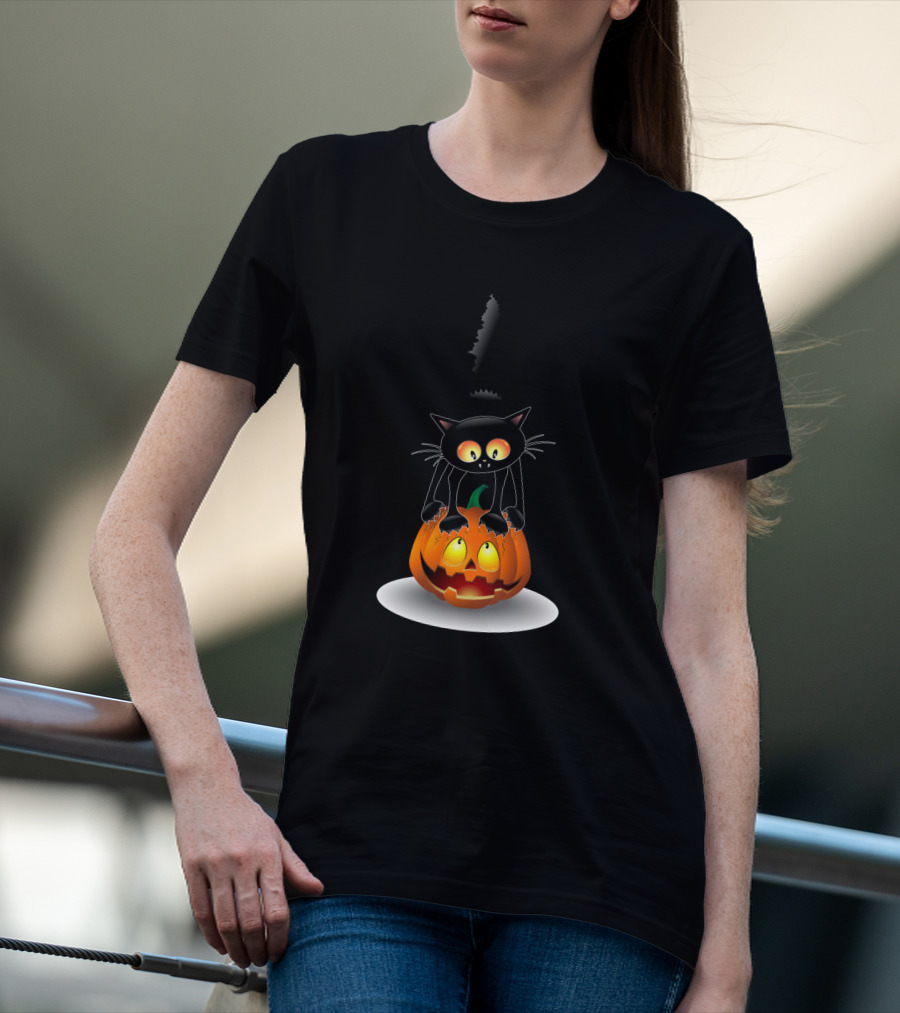Disney Mickey Mouse Halloween Pumpkin Head With Black Cat Jack O'lantern T-Shirt