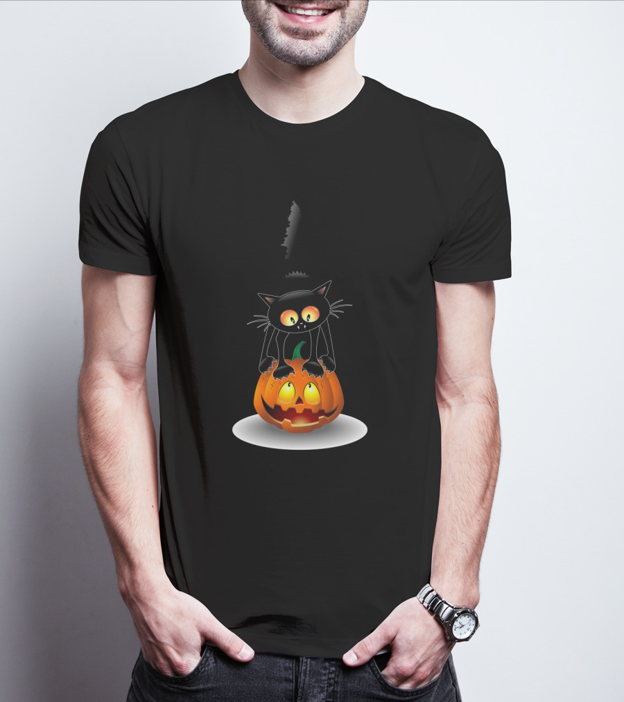 Disney Mickey Mouse Halloween Pumpkin Head With Black Cat Jack O'lantern T-Shirt