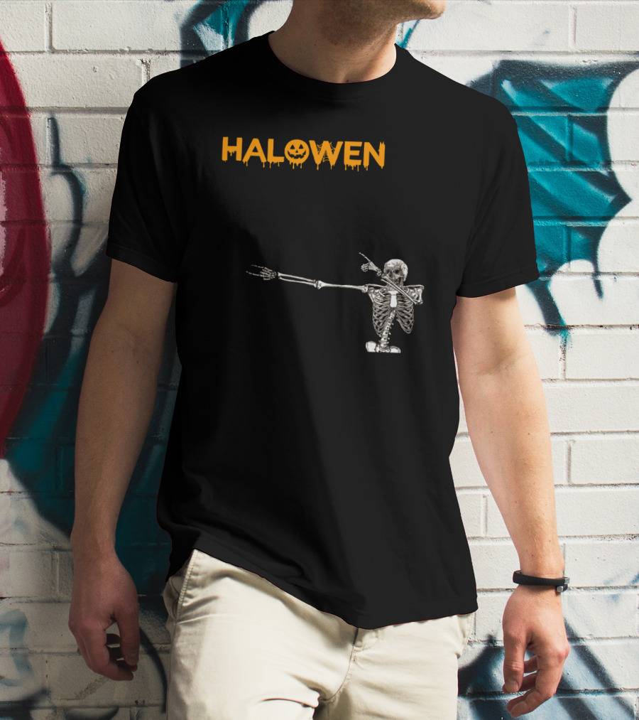 Halowen Skeleton Dabbing With Pumpkin Face T-Shirt