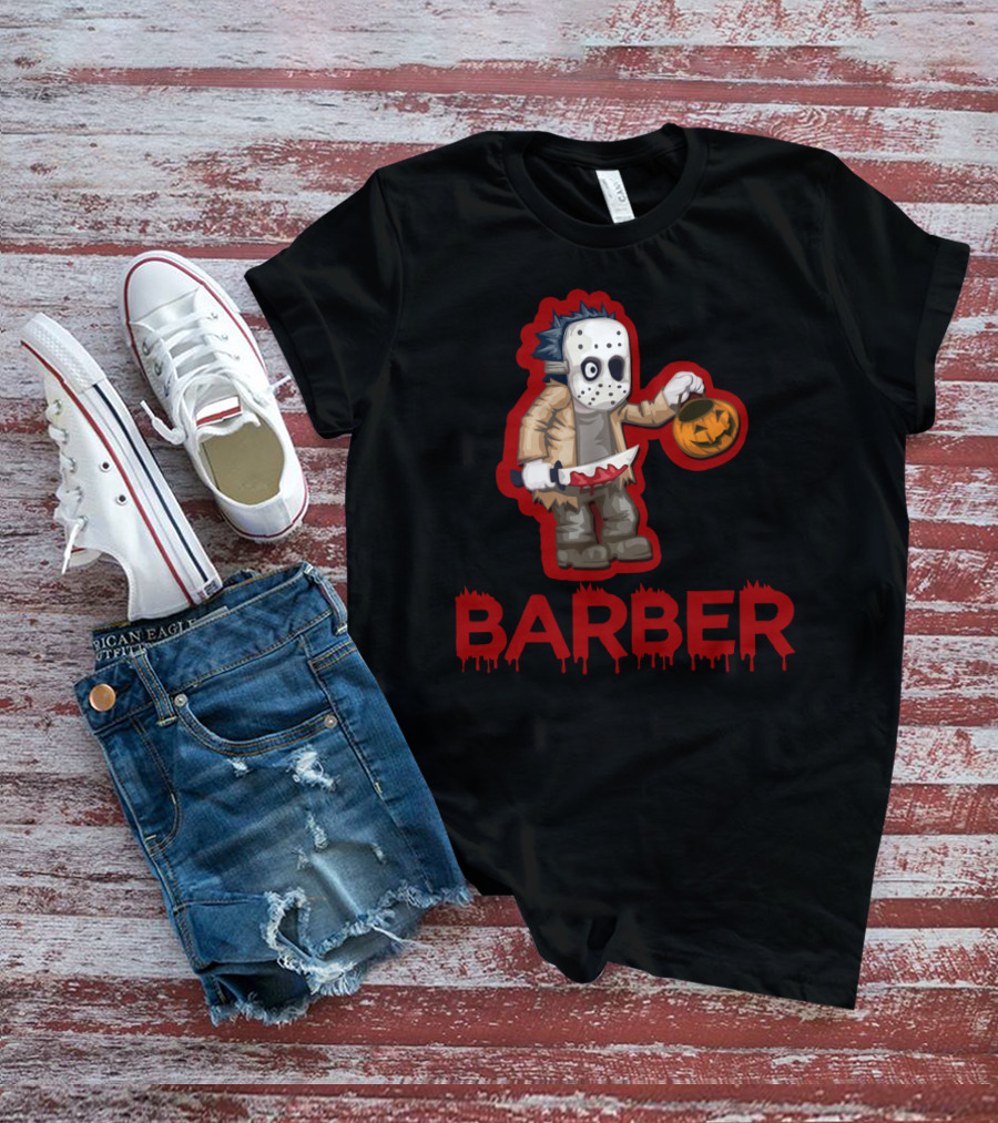 Halloween Barber Hairstylist Masked Horror With Pumpkin And Knife T-Shirt