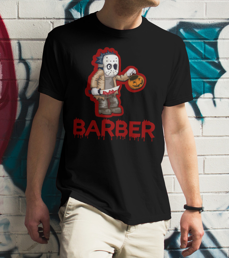 Halloween Barber Hairstylist Masked Horror With Pumpkin And Knife T-Shirt