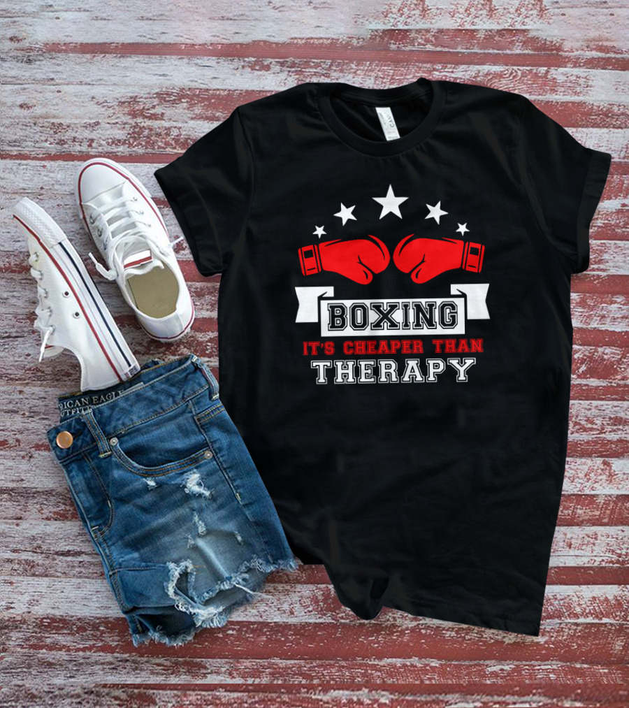 Boxing It's Cheaper Than Therapy Red Gloves Stars Boxer T-Shirt