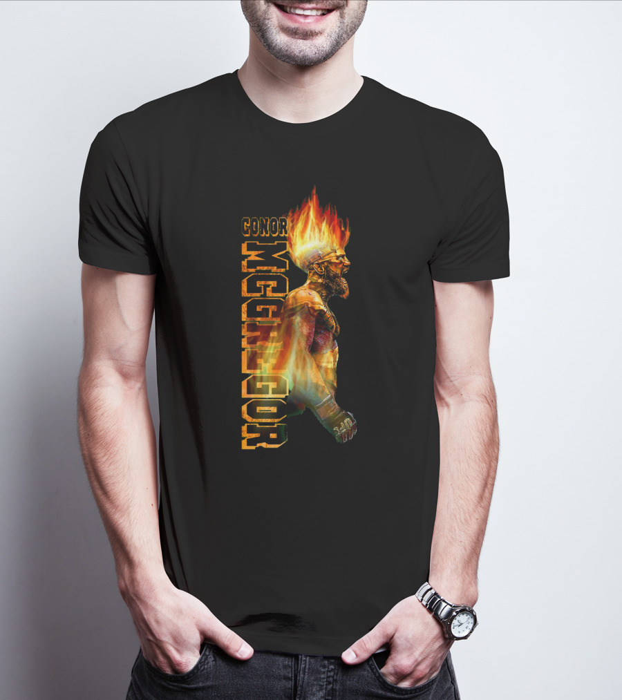Conor McGregor Fiery Profile MMA Icon With Burning Flame Hair T-Shirt