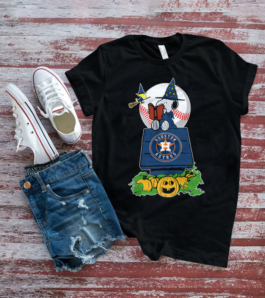 Houston Astros Halloween Snoopy And Woodstock Wizards Jack-O-Lantern Moon Baseball T-Shirt