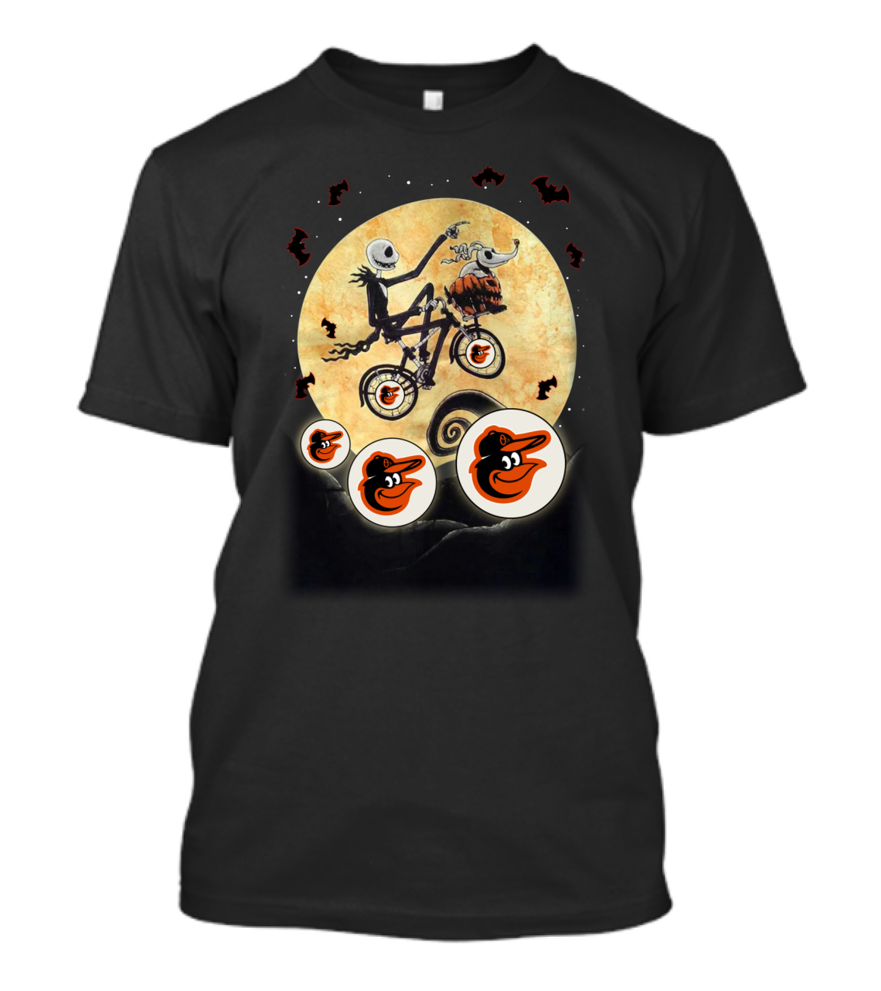 Baltimore Orioles Halloween With Skeleton On Bicycle And Moon Bats T-Shirt