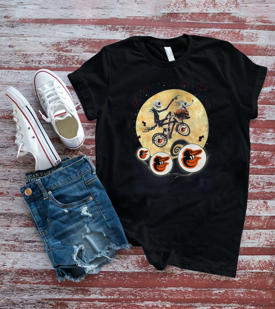 Baltimore Orioles Halloween With Skeleton On Bicycle And Moon Bats T-Shirt