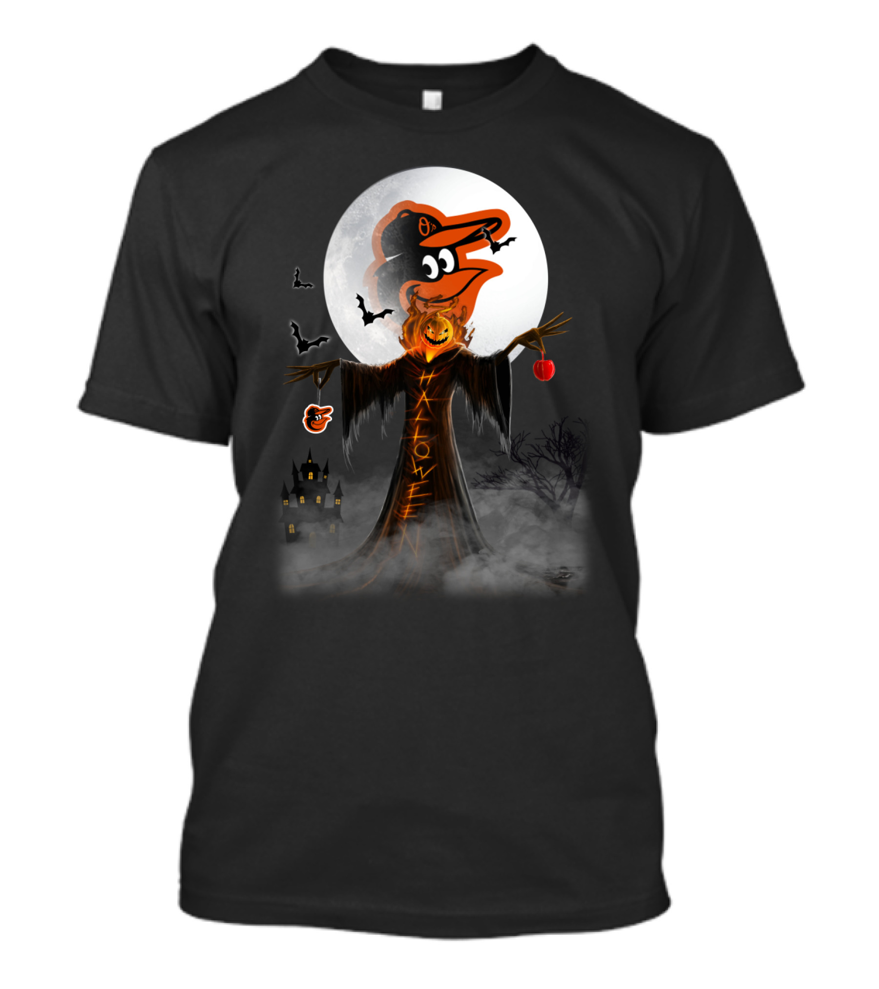Halloween Baltimore Orioles Spooky Full Moon Scarecrow With Bats T-Shirt