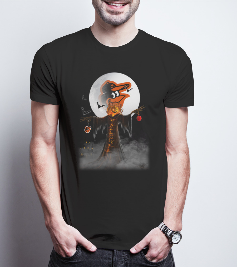 Halloween Baltimore Orioles Spooky Full Moon Scarecrow With Bats T-Shirt