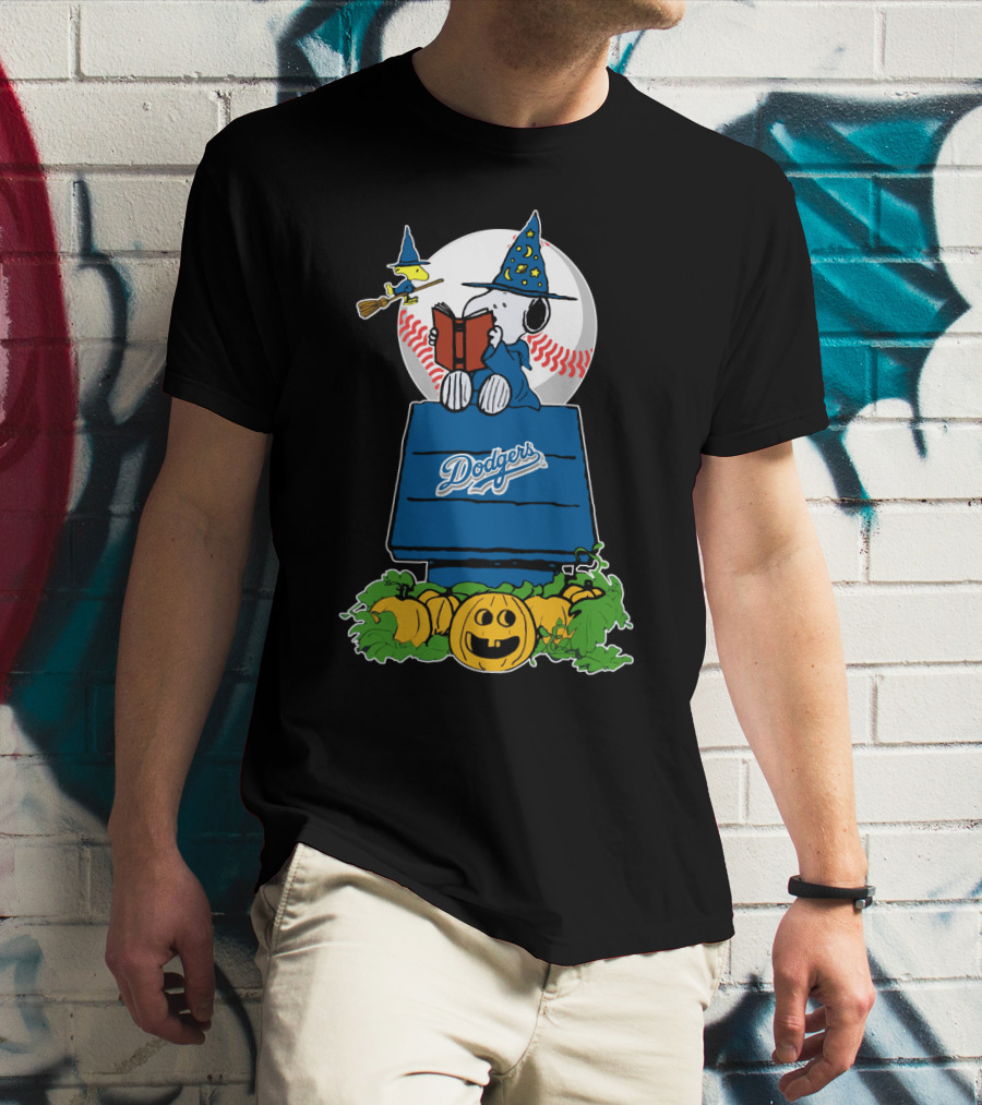 Halloween Dodgers Snoopy Wizard With Woodstock And Pumpkins T-Shirt