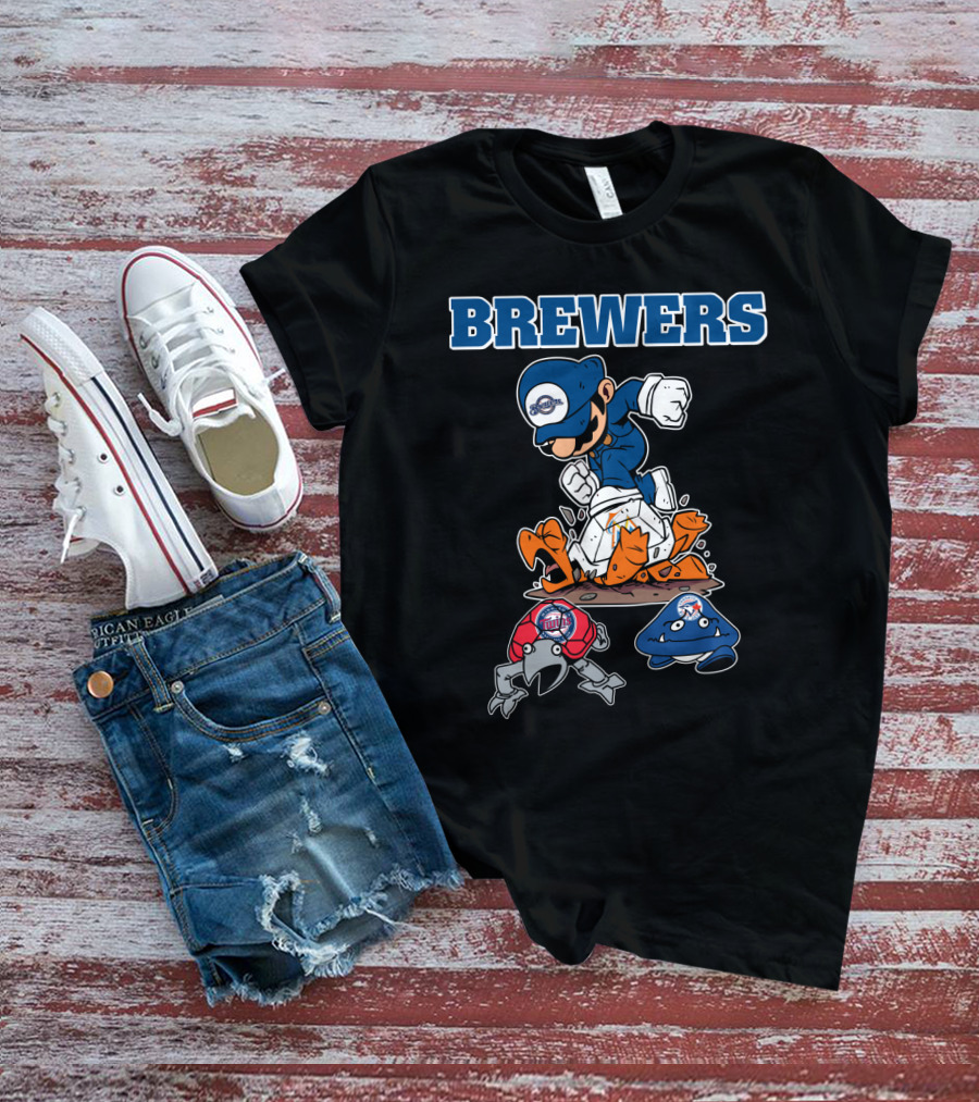 Brewers Cartoon Character In Blue Cap Stomping Orange And Red Creatures T-Shirt