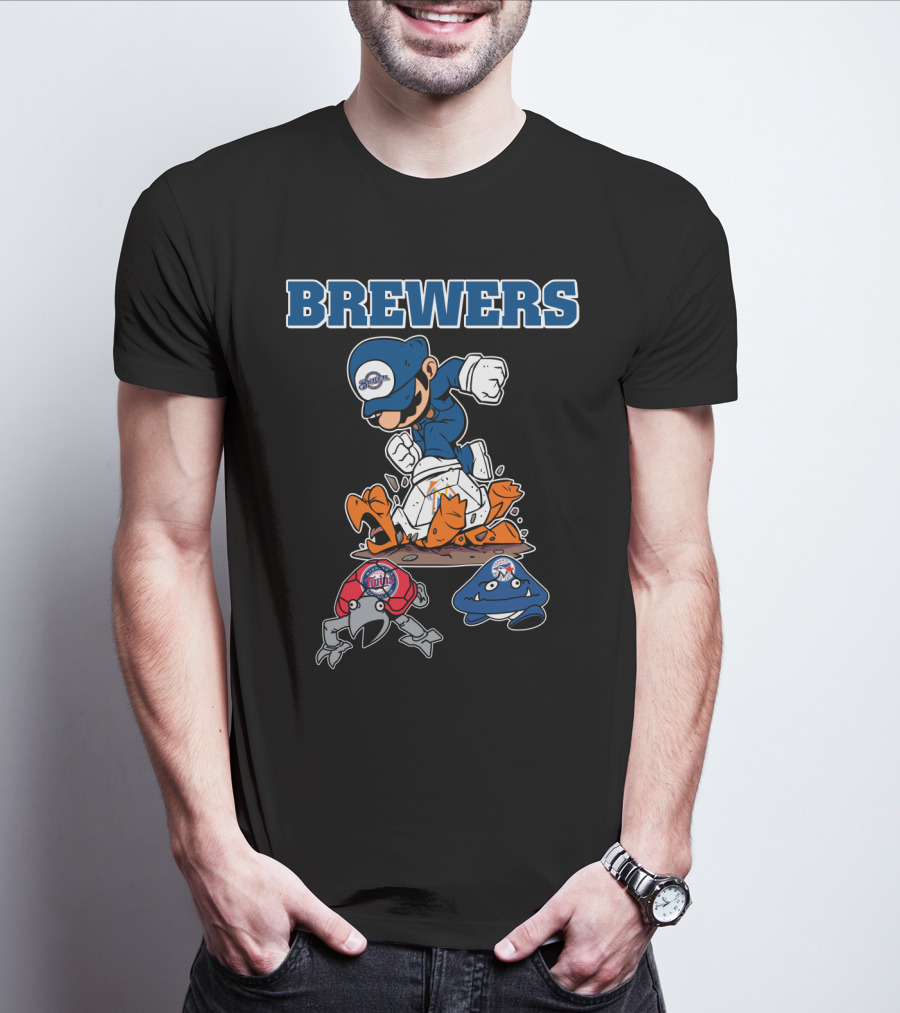 Brewers Cartoon Character In Blue Cap Stomping Orange And Red Creatures T-Shirt