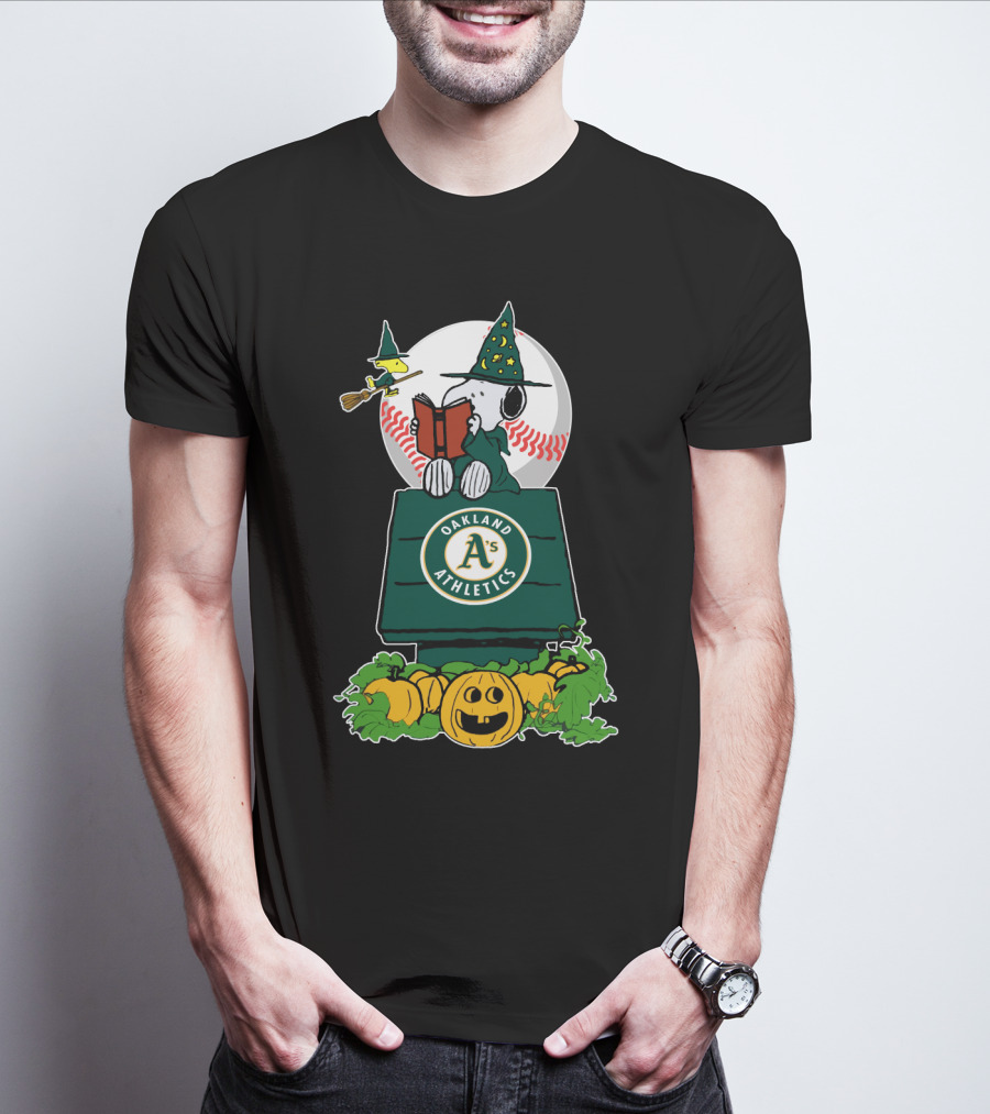 Oakland Athletics Halloween Snoopy And Woodstock Pumpkin Scene T-Shirt