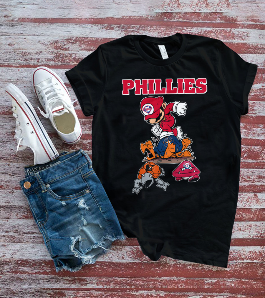 Phillies Mario-Inspired Design With Crab And Hat Characters T-Shirt