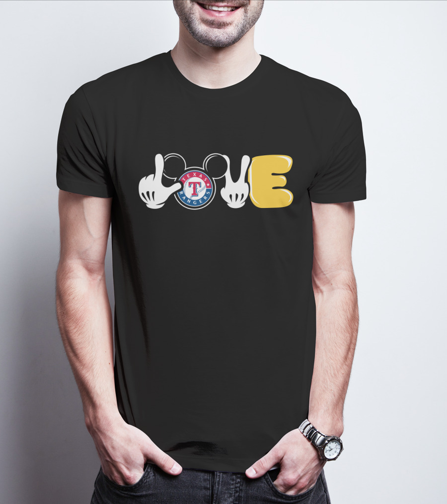 Love Texas Rangers Mickey Mouse Ears And Gloves T-Shirt