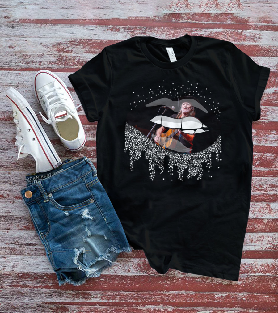 Willie Nelson Lips With Guitar And Sparkling Drips T-Shirt