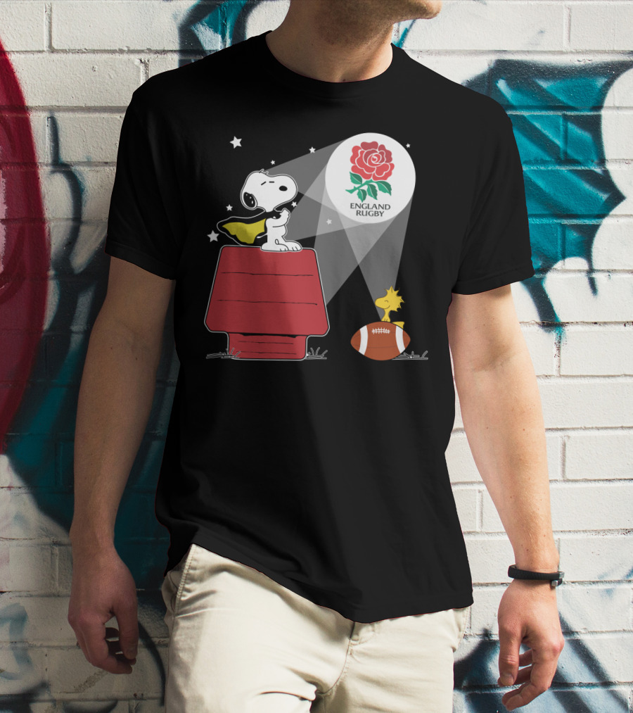 England Rugby RFU Snoopy Doghouse Spotlight With Woodstock And Rugby Ball T-Shirt
