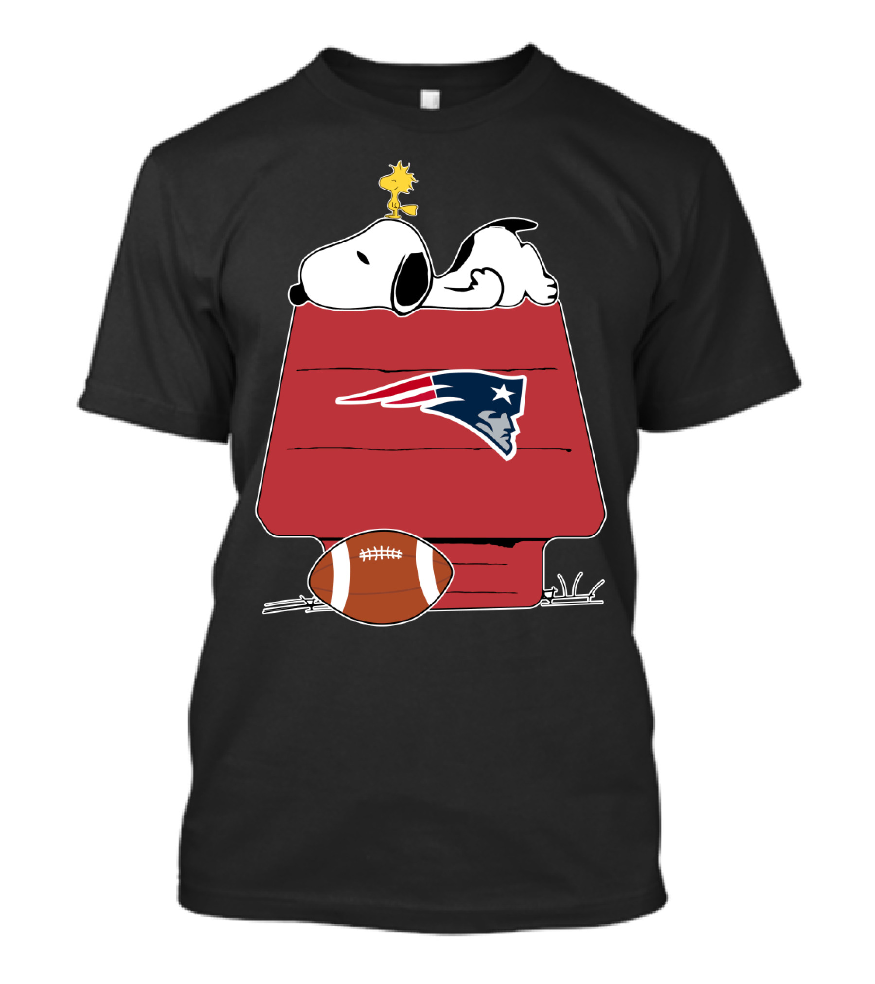 Snoopy And Woodstock Relaxing On Doghouse With New England Patriots Football Theme T-Shirt