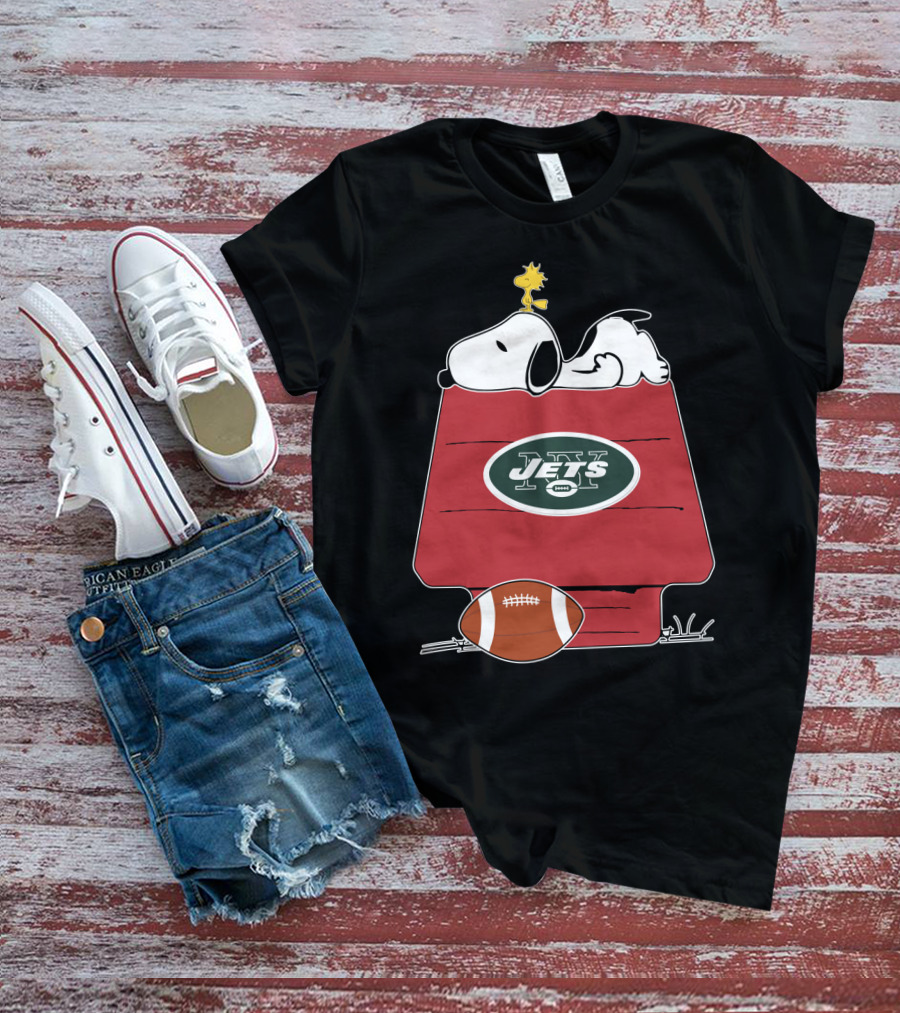 Snoopy On Doghouse With New York Jets Football Logo And Woodstock T-Shirt