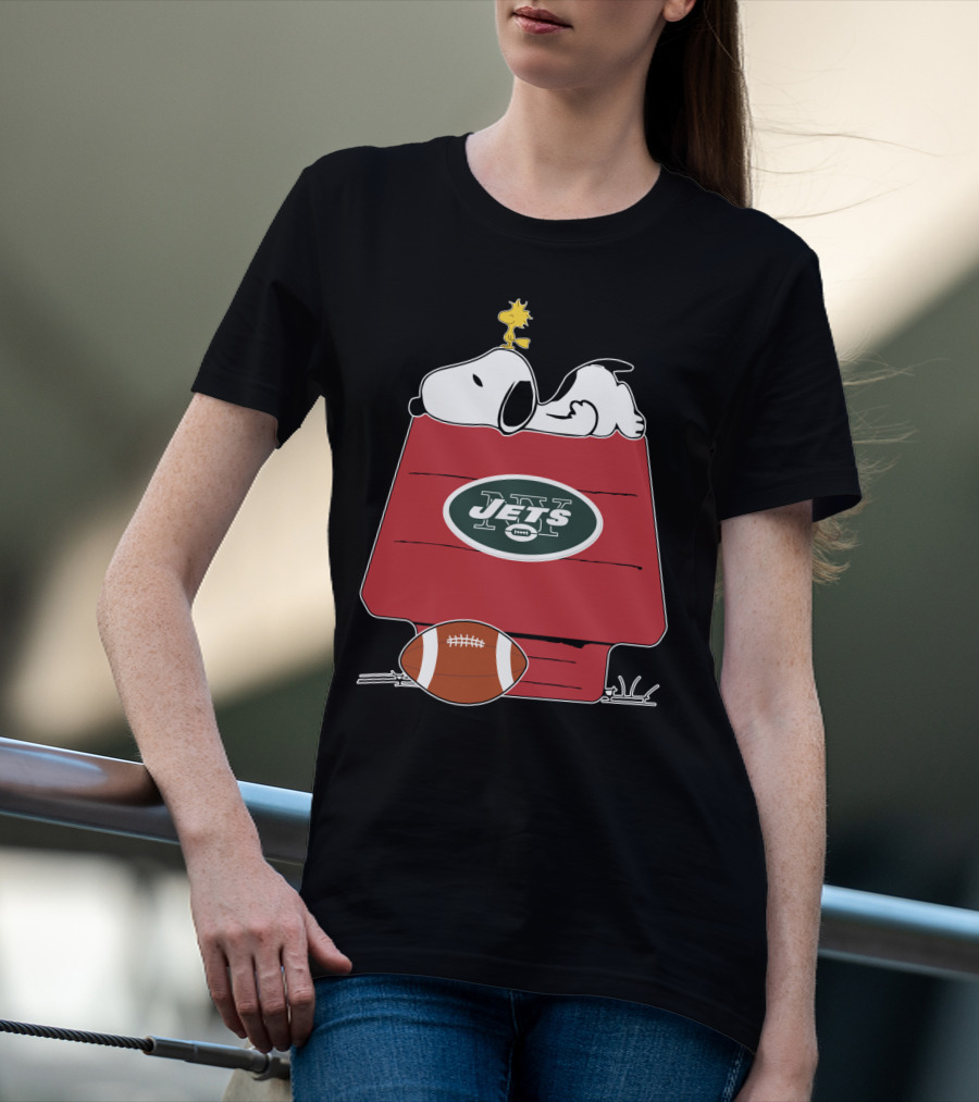 Snoopy On Doghouse With New York Jets Football Logo And Woodstock T-Shirt
