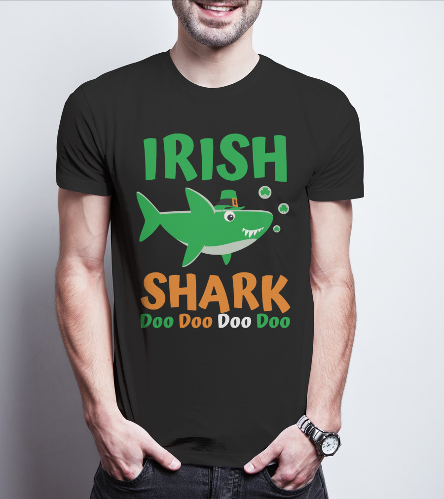 Irish Shark Doo Doo Doo St. Patrick's Day Fun With Leprechaun Hat And Shamrocks T-Shirt
