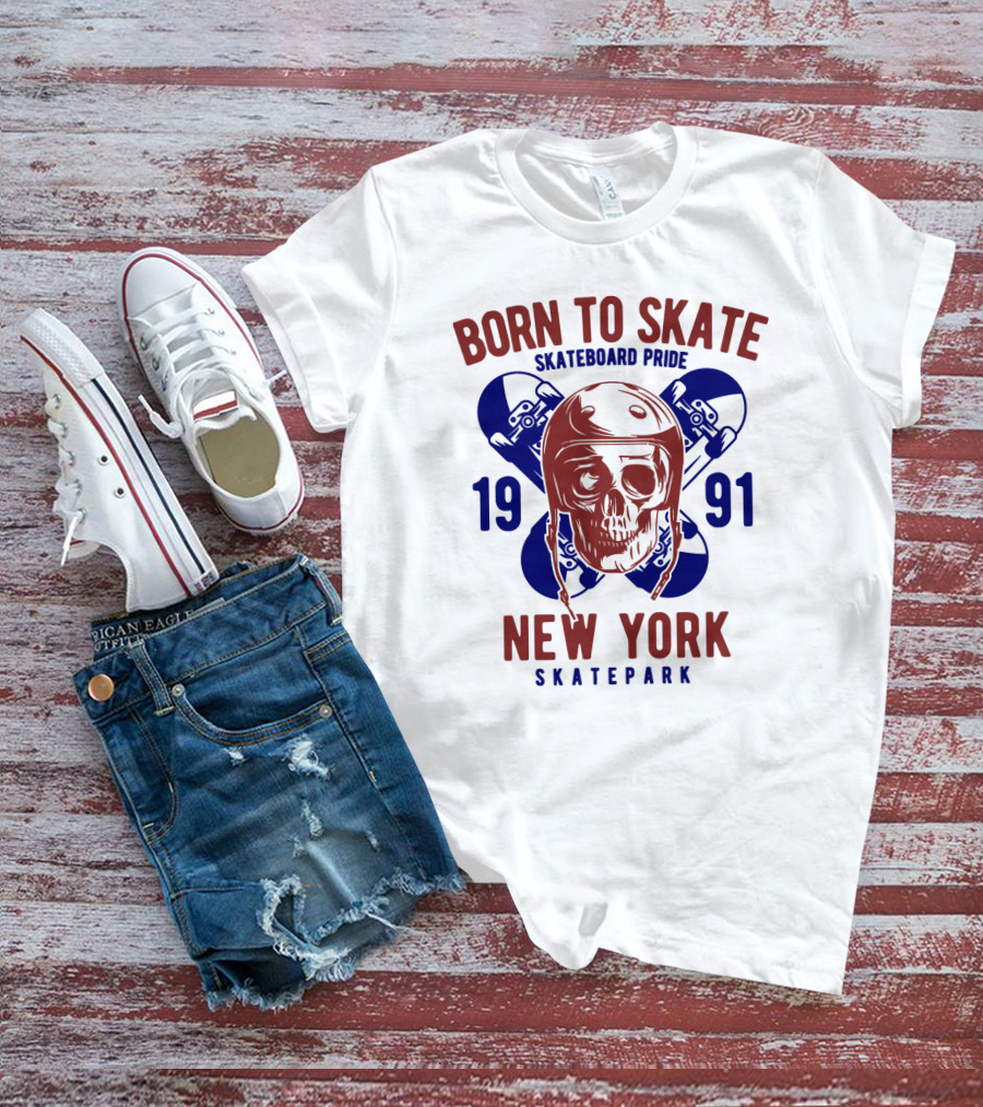 Born To Skate New York Skatepark 1991 Skull Skateboard Pride T-Shirt