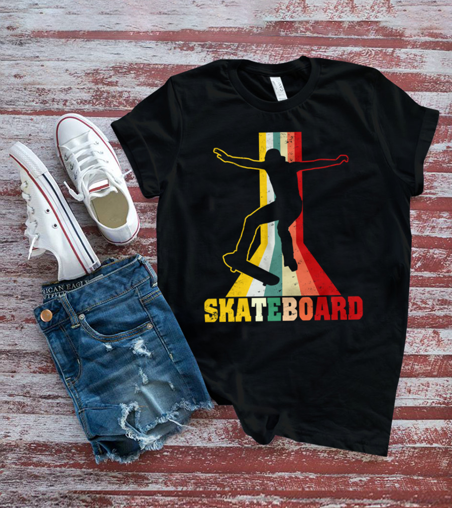 Retro Skateboard Silhouette With Vintage Color Stripes T-Shirt