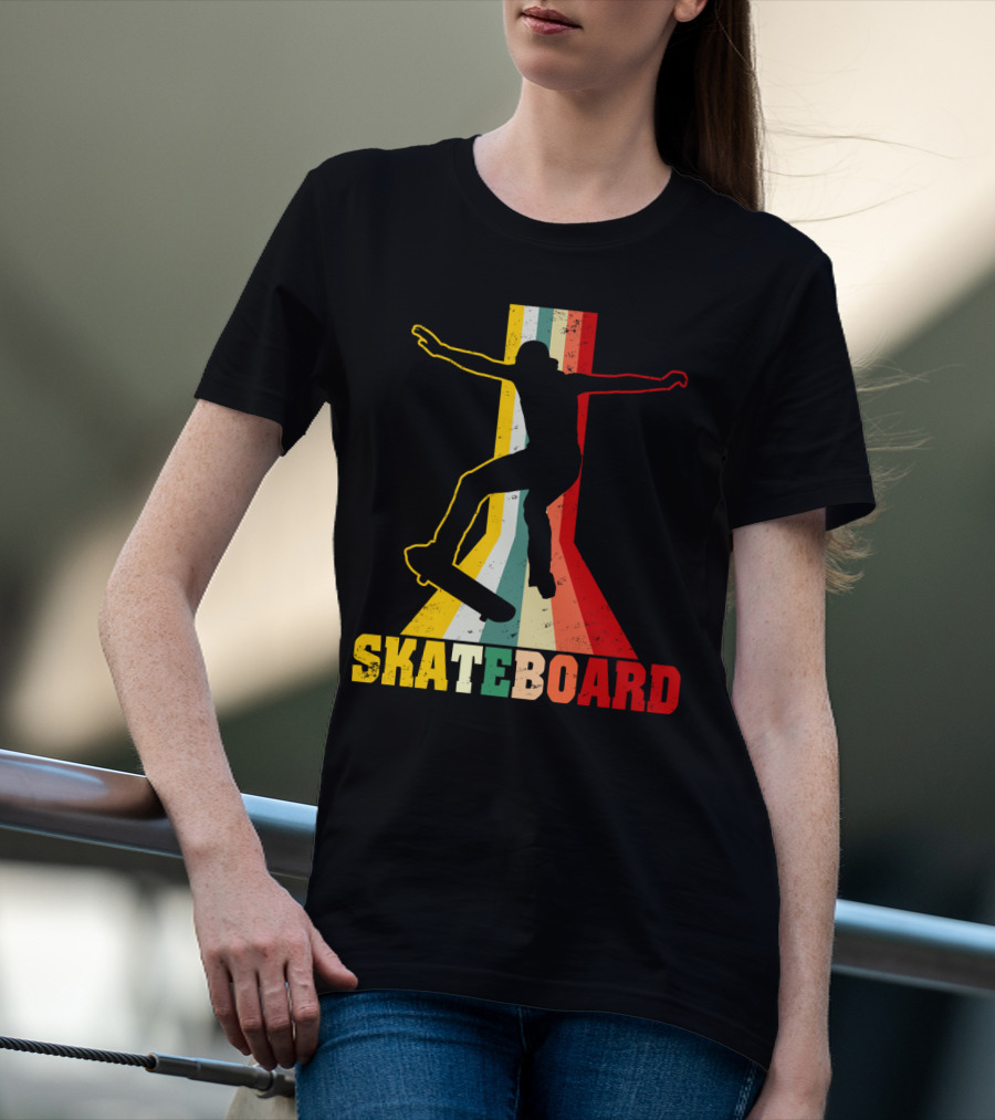 Retro Skateboard Silhouette With Vintage Color Stripes T-Shirt